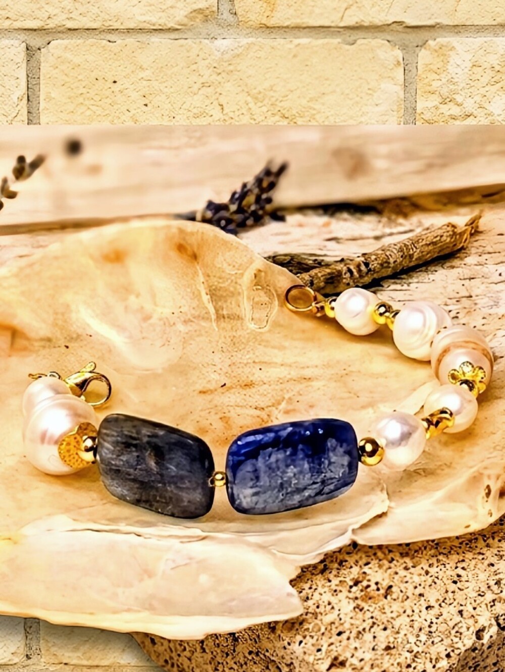 Blue Kyanite & Natural Baroque Pearls In Assymetrical Free Form Artisan Bracelet